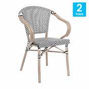 2 Pack Marseille Indoor/Outdoor Commercial French Bistro Stacking Chair with Arms, Black/White Textilene and Bamboo Aluminum Frame in LT Natural, 2-SDA-ADS642108-BLKWH-LTNAT-GG