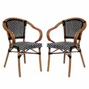 2 Pack Bordeaux Indoor/Outdoor Commercial French Bistro Stacking Chair with Arms, Black and White PE Rattan and Bamboo Print Aluminum Frame in Natural, 2-SDA-ADS642142-BKWH-NAT-GG