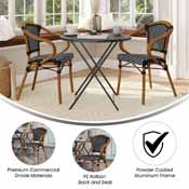2 Pack Bordeaux Indoor/Outdoor Commercial French Bistro Stacking Chair with Arms, Black and White PE Rattan and Bamboo Print Aluminum Frame in Natural, 2-SDA-ADS642142-BKWH-NAT-GG