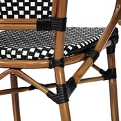 2 Pack Bordeaux Indoor/Outdoor Commercial French Bistro Stacking Chair with Arms, Black and White PE Rattan and Bamboo Print Aluminum Frame in Natural, 2-SDA-ADS642142-BKWH-NAT-GG
