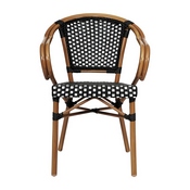 2 Pack Bordeaux Indoor/Outdoor Commercial French Bistro Stacking Chair with Arms, Black and White PE Rattan and Bamboo Print Aluminum Frame in Natural, 2-SDA-ADS642142-BKWH-NAT-GG