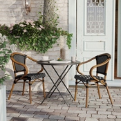 2 Pack Bordeaux Indoor/Outdoor Commercial French Bistro Stacking Chair with Arms, Black and White PE Rattan and Bamboo Print Aluminum Frame in Natural, 2-SDA-ADS642142-BKWH-NAT-GG