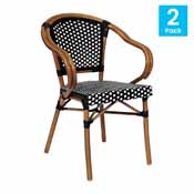 2 Pack Bordeaux Indoor/Outdoor Commercial French Bistro Stacking Chair with Arms, Black and White PE Rattan and Bamboo Print Aluminum Frame in Natural, 2-SDA-ADS642142-BKWH-NAT-GG