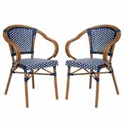 2 Pack Bordeaux Indoor/Outdoor Commercial French Bistro Stacking Chair with Arms, Navy and White PE Rattan and Bamboo Print Aluminum Frame in Natural, 2-SDA-ADS642142-NVYWH-NAT-GG