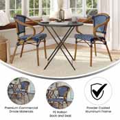2 Pack Bordeaux Indoor/Outdoor Commercial French Bistro Stacking Chair with Arms, Navy and White PE Rattan and Bamboo Print Aluminum Frame in Natural, 2-SDA-ADS642142-NVYWH-NAT-GG