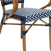 2 Pack Bordeaux Indoor/Outdoor Commercial French Bistro Stacking Chair with Arms, Navy and White PE Rattan and Bamboo Print Aluminum Frame in Natural, 2-SDA-ADS642142-NVYWH-NAT-GG
