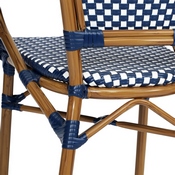 2 Pack Bordeaux Indoor/Outdoor Commercial French Bistro Stacking Chair with Arms, Navy and White PE Rattan and Bamboo Print Aluminum Frame in Natural, 2-SDA-ADS642142-NVYWH-NAT-GG