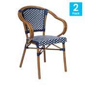 2 Pack Bordeaux Indoor/Outdoor Commercial French Bistro Stacking Chair with Arms, Navy and White PE Rattan and Bamboo Print Aluminum Frame in Natural, 2-SDA-ADS642142-NVYWH-NAT-GG