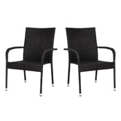 Maxim Set of 2 Stackable Indoor/Outdoor Wicker Dining Chairs with Arms - Fade & Weather-Resistant Steel Frames - Black, 2-TW-3WBE073-BK-GG