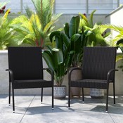 Maxim Set of 2 Stackable Indoor/Outdoor Wicker Dining Chairs with Arms - Fade & Weather-Resistant Steel Frames - Black, 2-TW-3WBE073-BK-GG