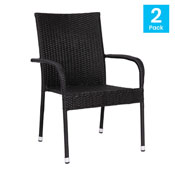 Maxim Set of 2 Stackable Indoor/Outdoor Wicker Dining Chairs with Arms - Fade & Weather-Resistant Steel Frames - Black, 2-TW-3WBE073-BK-GG