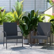 Maxim Set of 2 Stackable Indoor/Outdoor Wicker Dining Chairs with Arms - Fade & Weather-Resistant Steel Frames - Gray, 2-TW-3WBE073-GY-GG