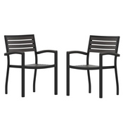 Lark Set of 2 Outdoor Stackable Faux Teak Side Chairs - Commercial Grade Black Aluminum Patio Chairs with Synthetic Gray Wash Faux Teak Slats, 2-XU-DG-HW6006-GY-GG