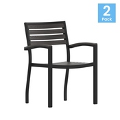 Lark Set of 2 Outdoor Stackable Faux Teak Side Chairs - Commercial Grade Black Aluminum Patio Chairs with Synthetic Gray Wash Faux Teak Slats, 2-XU-DG-HW6006-GY-GG
