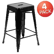 24" High Metal Counter-Height, Indoor Bar Stool in Black - Stackable Set of 4, 4-ET-31320-24-BK-R-GG