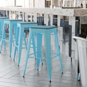 Cierra Set of 4 Commercial Grade 30" High Backless Teal Metal Indoor Bar Height Stools with Teal-Blue All-Weather Poly Resin Seats, 4-ET-31320-30-TL-R-PL2C-GG