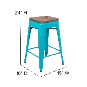 24" High Metal Counter-Height, Indoor Bar Stool with Wood Seat in Teal - Stackable Set of 4, 4-ET-31320W-24-TL-R-GG