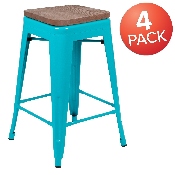 24" High Metal Counter-Height, Indoor Bar Stool with Wood Seat in Teal - Stackable Set of 4, 4-ET-31320W-24-TL-R-GG