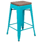 24" High Metal Counter-Height, Indoor Bar Stool with Wood Seat in Teal - Stackable Set of 4, 4-ET-31320W-24-TL-R-GG