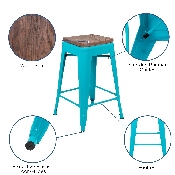 24" High Metal Counter-Height, Indoor Bar Stool with Wood Seat in Teal - Stackable Set of 4, 4-ET-31320W-24-TL-R-GG
