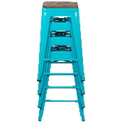 24" High Metal Counter-Height, Indoor Bar Stool with Wood Seat in Teal - Stackable Set of 4, 4-ET-31320W-24-TL-R-GG