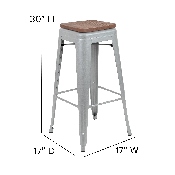 30" High Metal Indoor Bar Stool with Wood Seat in Silver - Stackable Set of 4, 4-ET-31320W-30-SV-R-GG