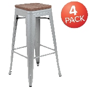 30" High Metal Indoor Bar Stool with Wood Seat in Silver - Stackable Set of 4, 4-ET-31320W-30-SV-R-GG