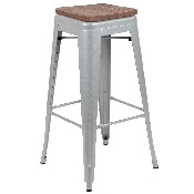 30" High Metal Indoor Bar Stool with Wood Seat in Silver - Stackable Set of 4, 4-ET-31320W-30-SV-R-GG