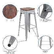 30" High Metal Indoor Bar Stool with Wood Seat in Silver - Stackable Set of 4, 4-ET-31320W-30-SV-R-GG