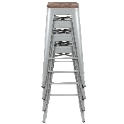 30" High Metal Indoor Bar Stool with Wood Seat in Silver - Stackable Set of 4, 4-ET-31320W-30-SV-R-GG