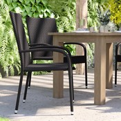Maxim Set of 4 Stackable Indoor/Outdoor Wicker Dining Chairs with Arms - Fade & Weather-Resistant Steel Frames - Black, 4-TW-3WBE073-BK-GG