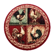 Gallus Collection 4' x 4' Round Red Rooster Themed Olefin Area Rug with Jute Backing for Kitchen, Living Room, Bedroom