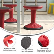 Carter Adjustable Height Kids Flexible Active Stool for Classroom and Home with Non-Skid Bottom in Red, 14" - 18" Seat Height, AY-9001S-RD-GG