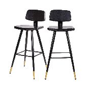 Kora Commercial Grade Low Back Barstools-Black LeatherSoft Upholstery-Black Iron Frame-Integrated Footrest-Gold Tipped Legs-Set of 2, AY-S02-BK-GG