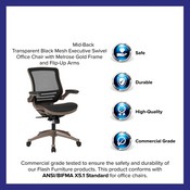 Mid-Back Transparent Black Mesh Executive Swivel Office Chair with Melrose Gold Frame and Flip-Up Arms, BL-8801X-GG