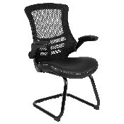 Black Mesh Sled Base Side Reception Chair with White Stitched LeatherSoft Seat and Flip-Up Arms, BL-X-5C-BK-LEA-GG