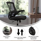Kelista Mid-Back Black Mesh Swivel Ergonomic Task Office Chair with Flip-Up Arms and Transparent Roller Wheels, BIFMA Certified, BL-X-5M-BK-RLB-GG