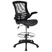 Mid-Back Black Mesh Ergonomic Drafting Chair with LeatherSoft Seat, Adjustable Foot Ring and Flip-Up Arms, BL-X-5M-D-BK-LEA-GG