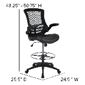 Mid-Back Black Mesh Ergonomic Drafting Chair with LeatherSoft Seat, Adjustable Foot Ring and Flip-Up Arms, BL-X-5M-D-BK-LEA-GG