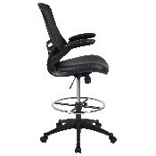 Mid-Back Black Mesh Ergonomic Drafting Chair with LeatherSoft Seat, Adjustable Foot Ring and Flip-Up Arms, BL-X-5M-D-BK-LEA-GG