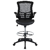 Mid-Back Black Mesh Ergonomic Drafting Chair with LeatherSoft Seat, Adjustable Foot Ring and Flip-Up Arms, BL-X-5M-D-BK-LEA-GG