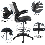 Mid-Back Black Mesh Ergonomic Drafting Chair with LeatherSoft Seat, Adjustable Foot Ring and Flip-Up Arms, BL-X-5M-D-BK-LEA-GG