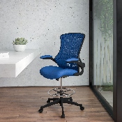 Mid-Back Blue Mesh Ergonomic Drafting Chair with Adjustable Foot Ring and Flip-Up Arms, BL-X-5M-D-BLUE-GG, BL-X-5M-D-BLUE-GG