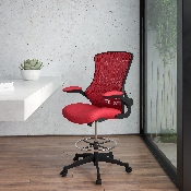 Mid-Back Red Mesh Ergonomic Drafting Chair with Adjustable Foot Ring and Flip-Up Arms, BL-X-5M-D-RED-GG