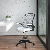 Mid-Back White Mesh Ergonomic Drafting Chair with Adjustable Foot Ring and Flip-Up Arms, BL-X-5M-D-WH-GG, BL-X-5M-D-WH-GG
