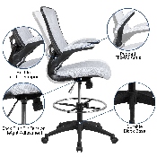 Mid-Back White Mesh Ergonomic Drafting Chair with Adjustable Foot Ring and Flip-Up Arms, BL-X-5M-D-WH-GG, BL-X-5M-D-WH-GG