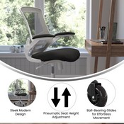Kelista Mid-Back Black Mesh Swivel Ergonomic Task Office Chair with White Frame, Flip-Up Arms, and Transparent Roller Wheels, BL-X-5M-WH-BK-RLB-GG