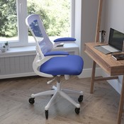 Kelista Mid-Back Blue Mesh Swivel Ergonomic Task Office Chair with White Frame, Flip-Up Arms, and Transparent Roller Wheels, BL-X-5M-WH-BLUE-RLB-GG