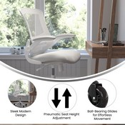 Kelista Mid-Back Light Gray Mesh Swivel Ergonomic Task Office Chair with White Frame, Flip-Up Arms, and Transparent Roller Wheels, BL-X-5M-WH-GY-RLB-GG