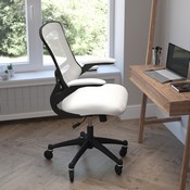 Kelista Mid-Back White Mesh Swivel Ergonomic Task Office Chair with Flip-Up Arms and Transparent Roller Wheels, BL-X-5M-WH-RLB-GG